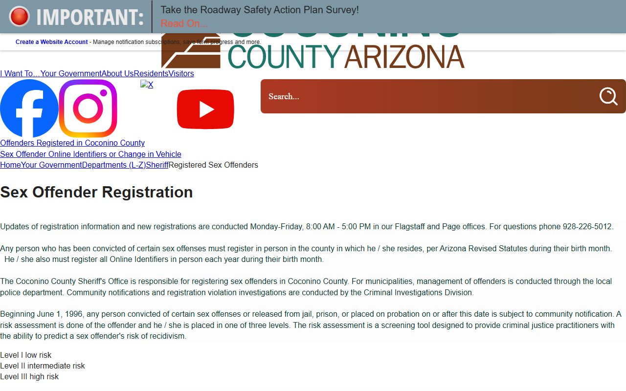 Coconino County Sheriff sex offender registration information page