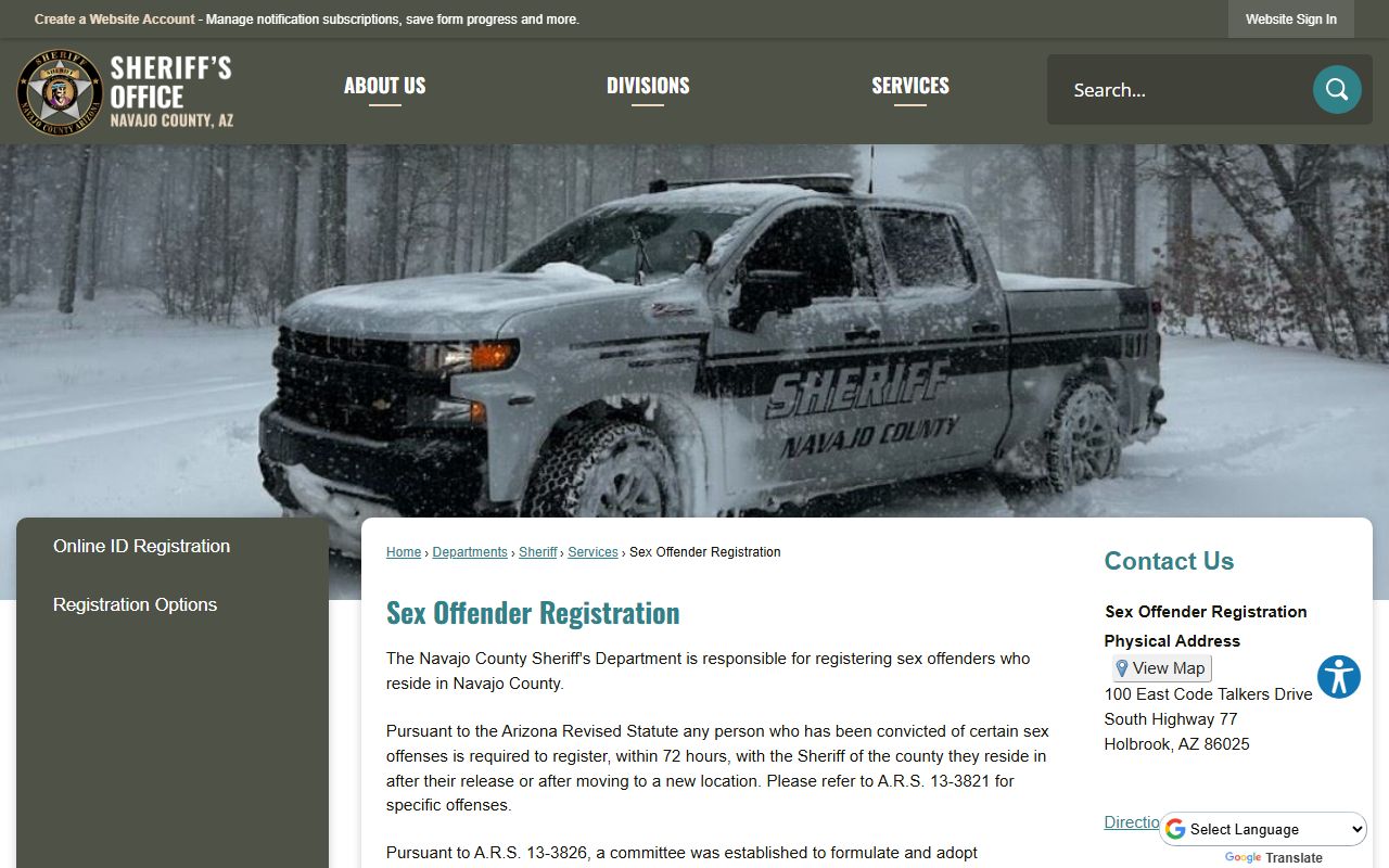 Navajo County Sheriff sex offender registration page