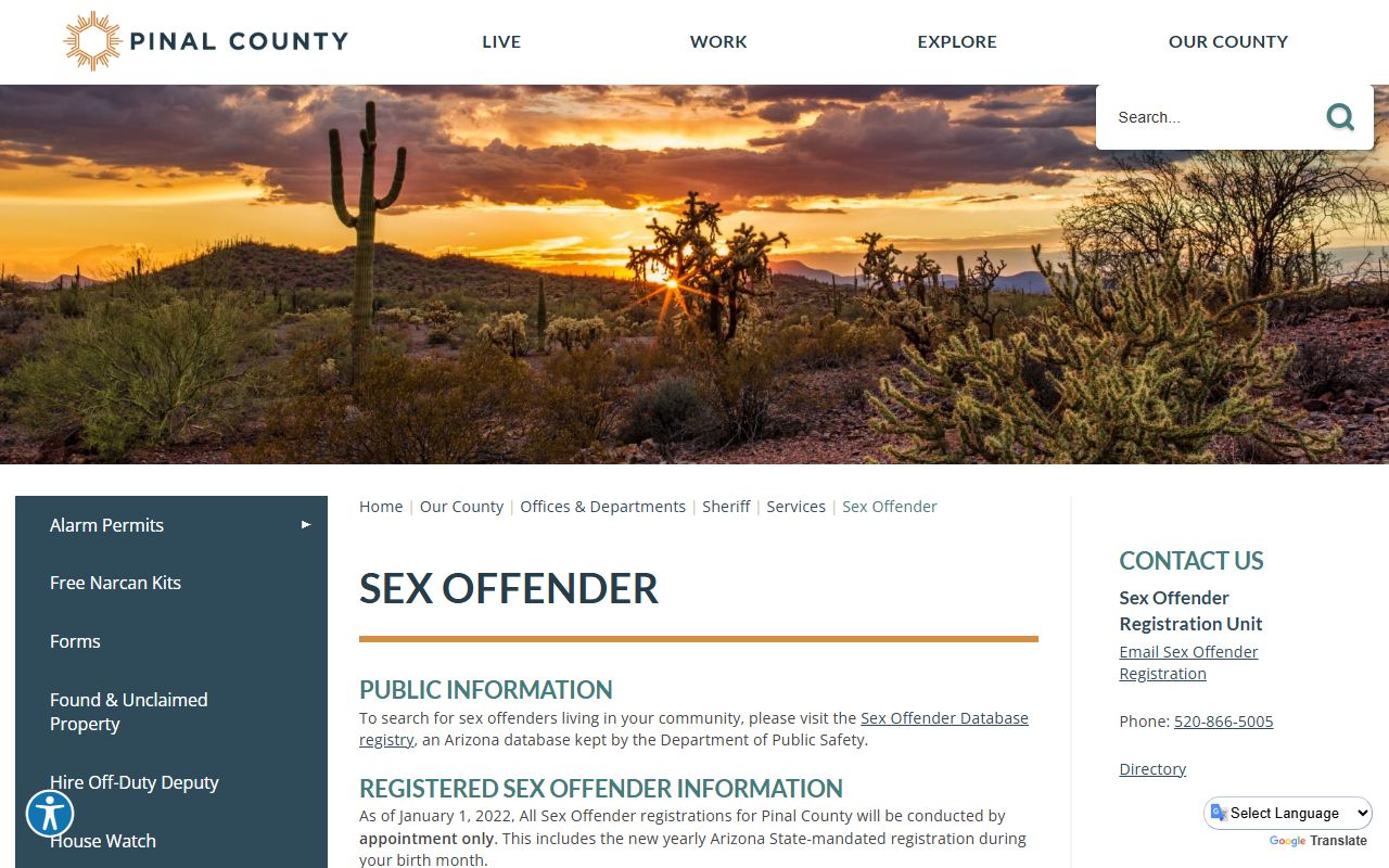 Pinal County Sheriff sex offender registration information page