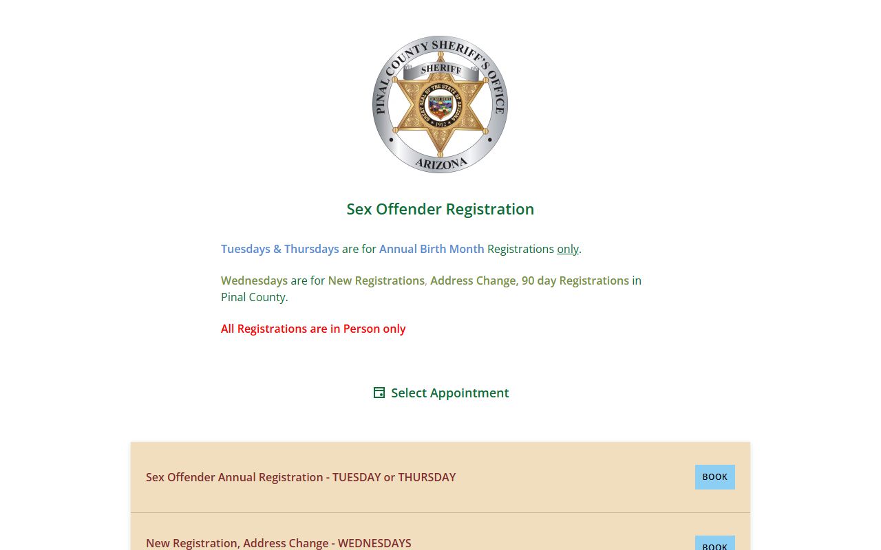 Pinal County sex offender registration appointment scheduling system