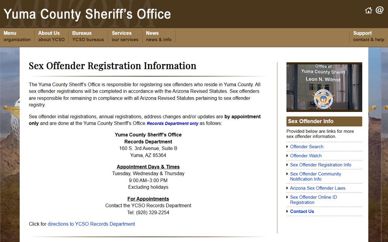 Yuma County Sheriff sex offender registration information page