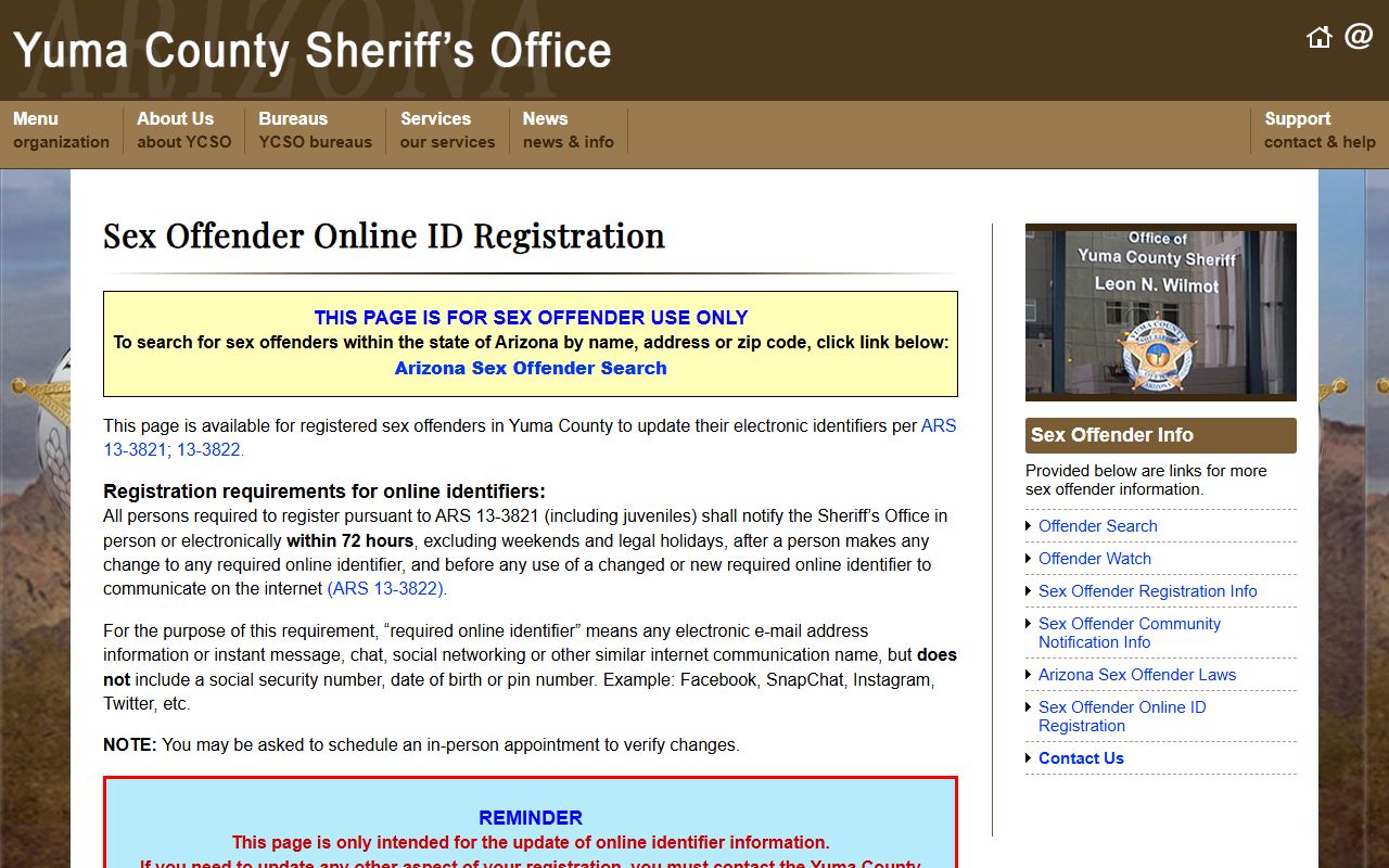 Yuma County sex offender online identifier registration page
