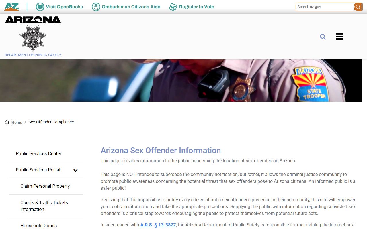 Arizona DPS sex offender compliance page showing registry access