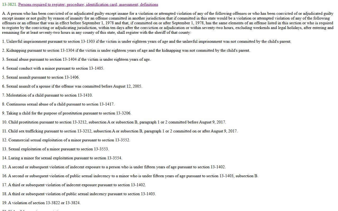 Arizona Revised Statutes Section 13-3821 sex offender registration requirements